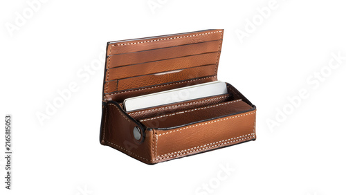 Brown leather business card holder open display with stitching shown open on transparent background