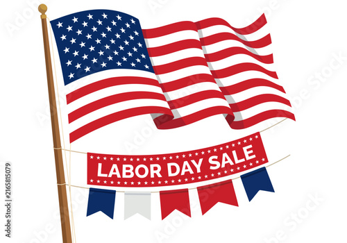 A vibrant Labor Day sale graphic featuring a waving American flag and bold text. Perfect for advertising big savings and celebrating American workers. Commercial use friendly.