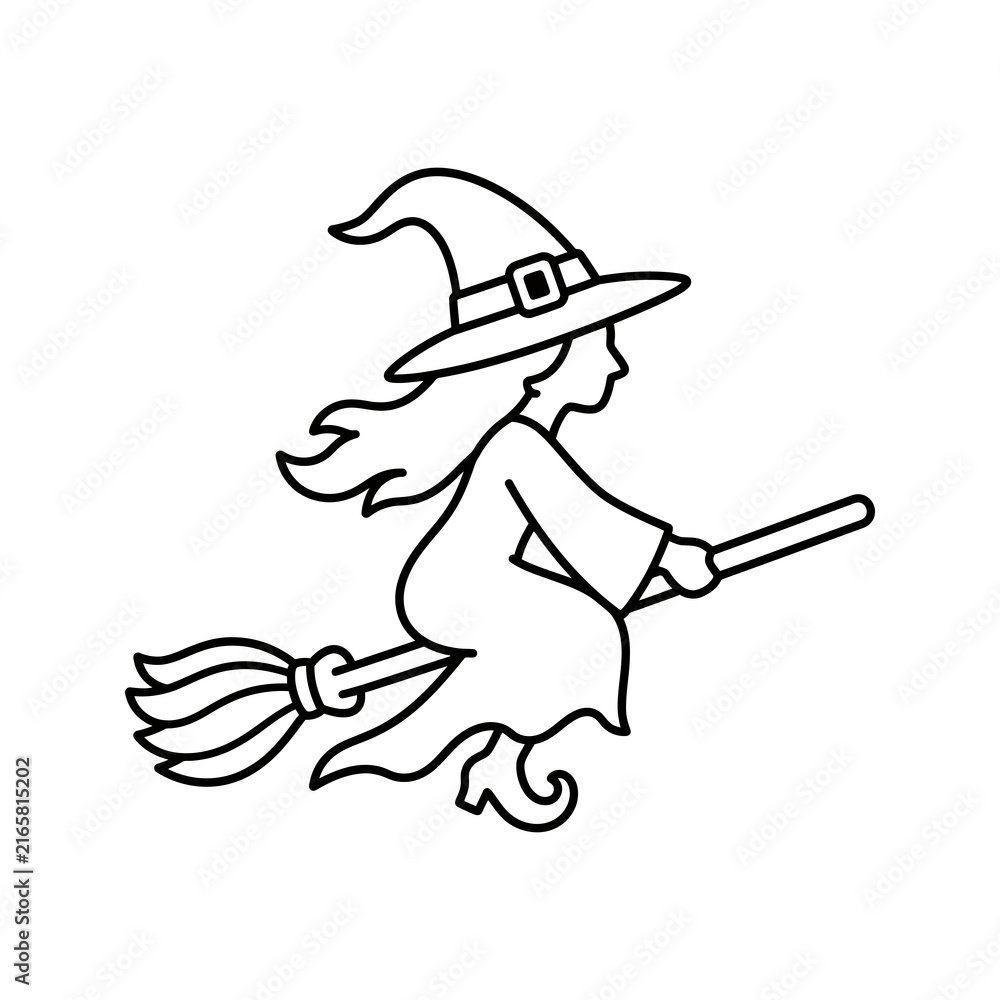 Fototapeta premium Witch flying on broomstick line art for halloween theme celebrations.
