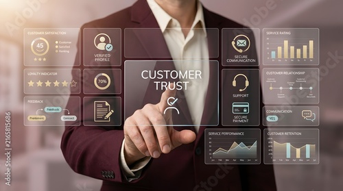 Man interacting with digital customer trust interface and data visualizations