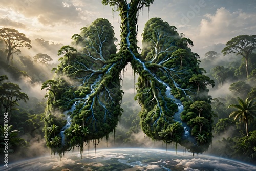 Surreal green forest shaped like human lungs above planet earth
