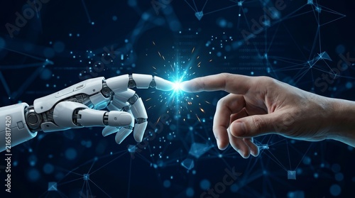 Human and robot hands touching amidst a big data network connection background.