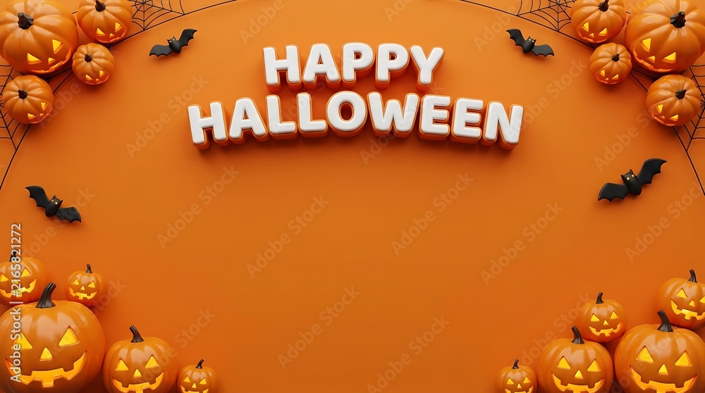 Naklejka premium Festive happy halloween background with pumpkins and bats