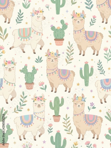 Pattern with cute llamas wearing flower crowns and colorful saddle blankets surrounded by potted cacti and floral elements for nursery textiles and children's room decor