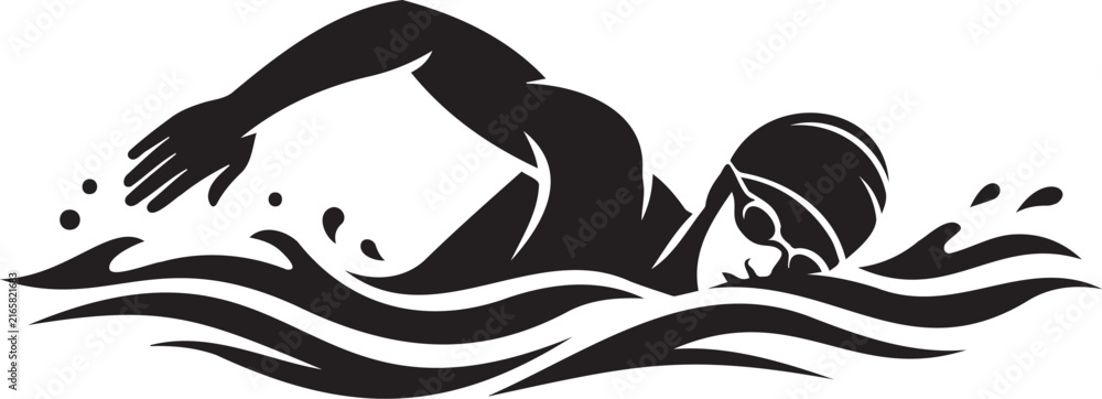 Fototapeta premium Stylized vector graphic illustration featuring a professional competitive swimmer performing a fast freestyle stroke in deep blue refreshing wavy water