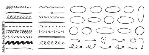 Canvas Print Hand drawn doodle outline collection of decorative brush strokes, circles, arrow