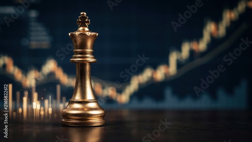 A golden chess king standing proudly against a backdrop of financial growth charts. Financial strategy concept for investment and market success ads.