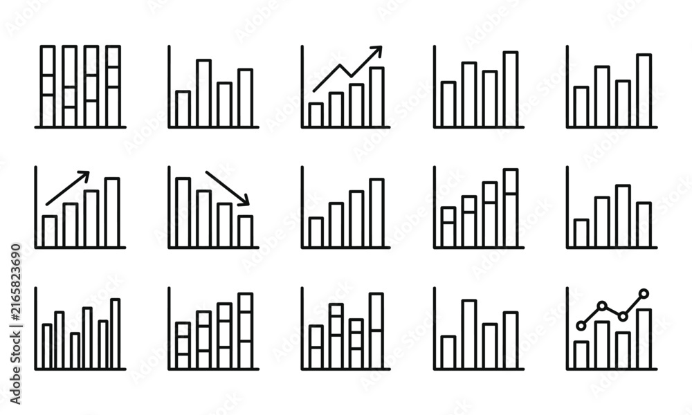 Obraz premium Set of various business bar chart icons and financial growth diagrams in a simple black line style