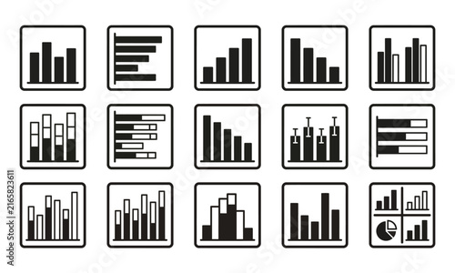 Set of fifteen black and white business infographic icons showing various bar charts and data visualization graphs