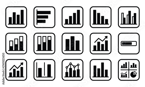 Set of black and white business icons representing various types of financial charts and data analysis graphs