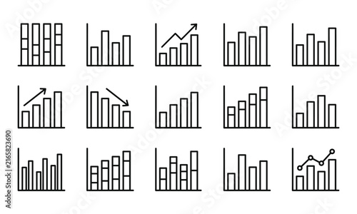 Set of various business bar chart icons and financial growth diagrams in a simple black line style