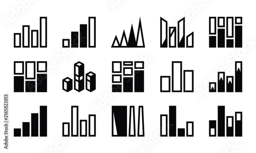 Set of black and white hand drawn bar chart icons representing business data analysis and financial statistics