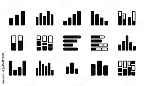 Collection of various black and white bar chart and graph icons for business data analysis and reporting