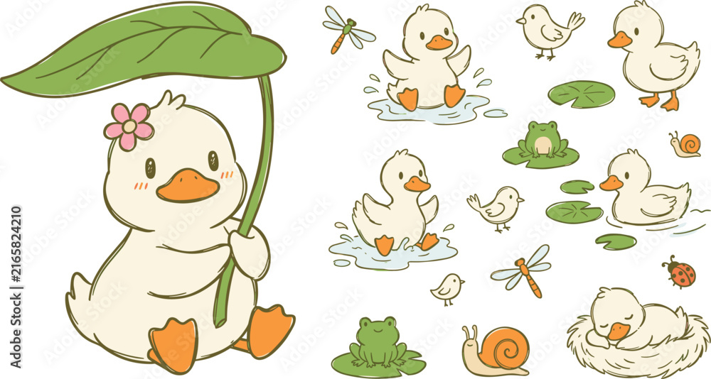 Fototapeta premium Cute Cartoon Duckling Character Set with Leaf Umbrella Puddle Splash and Pond Life Animal Friends Isolated on White Background