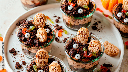 Halloween dirt cake cups with chocolate crumbs, cookie tombstones, candy eyes and gummy worms arranged as spooky graveyard desserts