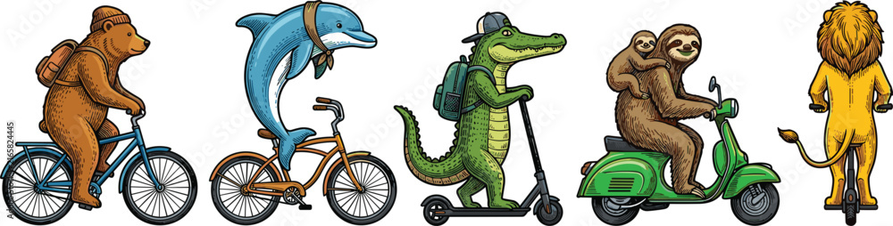Naklejka premium Cute Cartoon Animals Riding Bicycle Scooter and Unicycle Transport Character Vector Set Isolated on White Background
