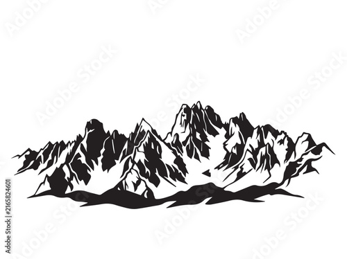 Black and white mountain range silhouette illustration with rugged alpine peaks and landscape.