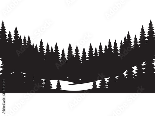 Silhouette of pine forest landscape with snowy clearing minimal black and white nature scene.