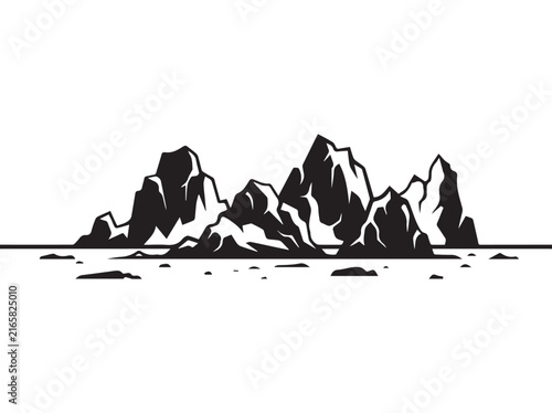Black and white rocky island silhouette with mountain peaks. Mountain landscape illustration.