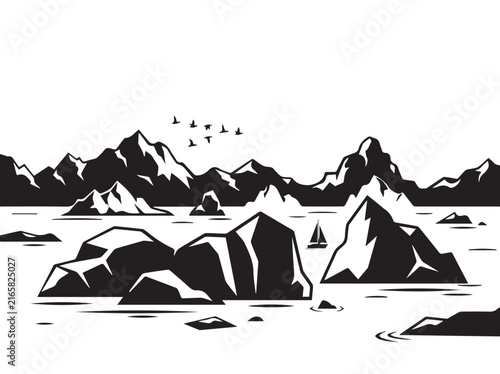 Monochrome mountain seascape with rocky islands, sailboat and flying birds minimal landscape illustration.