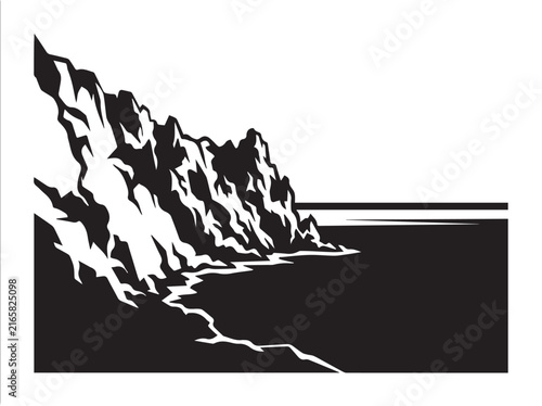 Rocky cliff coastline silhouette over ocean shoreline black and white landscape illustration.