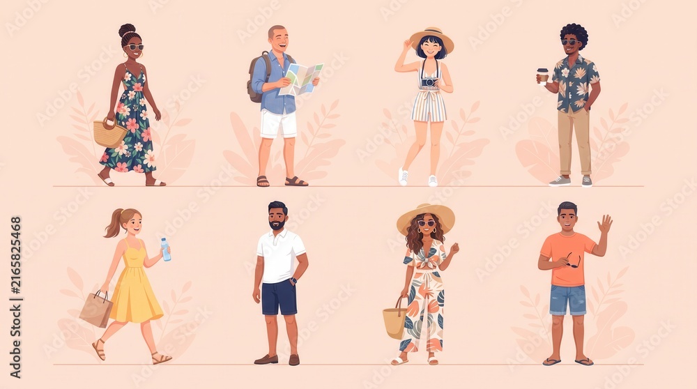 Naklejka premium Diverse group of traveling people characters set in casual summer clothing