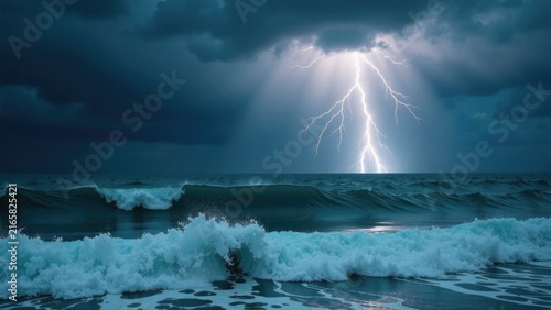 A lightning bolt striking the ocean during a storm, with waves and thunder in the background
