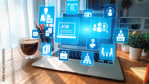 Job search icons show recruitment, HR management, and employee career growth. Job search helps organizations hire talent, job search supports skills, and job search improves workforce. Gist