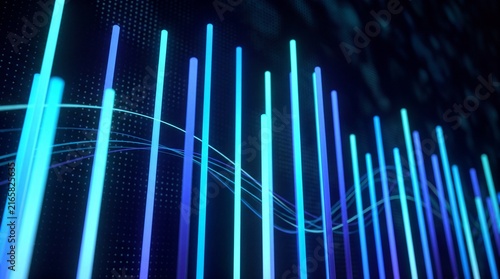 Abstract blue glowing vertical bar chart with neon light bars on dark grid background, digital data and technology concept