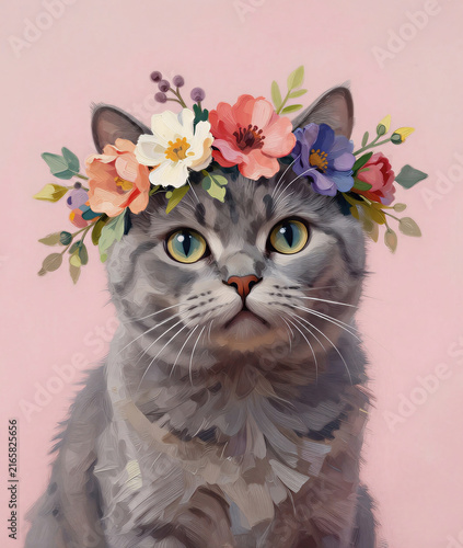 A beautiful gray cat on a pink background. A graphic illustration, an artificial intelligence generator, AI, an image of a neural network. Background for design.