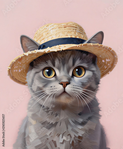 A beautiful gray cat on a pink background. A graphic illustration, an artificial intelligence generator, AI, an image of a neural network. Background for design.