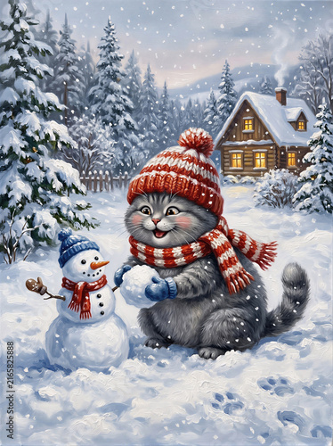 A cute gray cat is walking around in winter. A graphic illustration, an artificial intelligence generator, AI, an image of a neural network. Background for design.