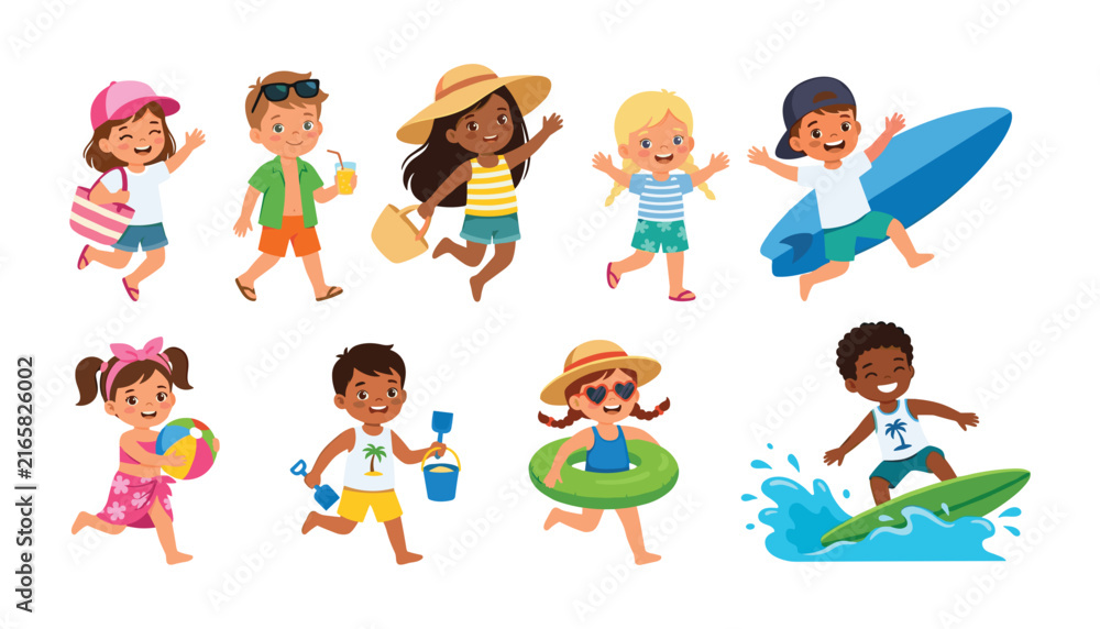 Fototapeta premium Diverse Cute Kids Summer Vacation Vector Set Featuring Happy Children Surfing, Playing with Beach Ball, Swimming, and Enjoying Tropical Travel Activities