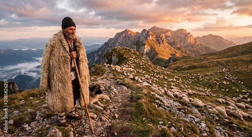 A hyper-realistic, wide-angle environmental portrait of an authentic Romanian shepherd.