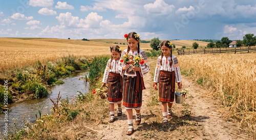 three girls wearing traditional garments walking by the river