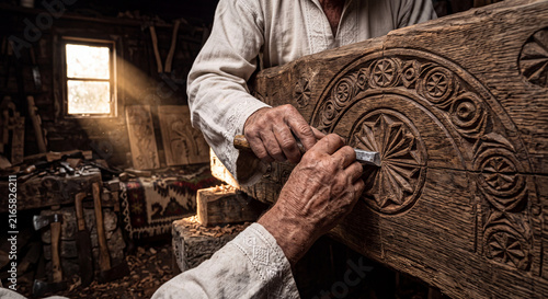 A hyper-realistic, detailed close-up shot of an elderly Romanian craftsman's weathered hands.