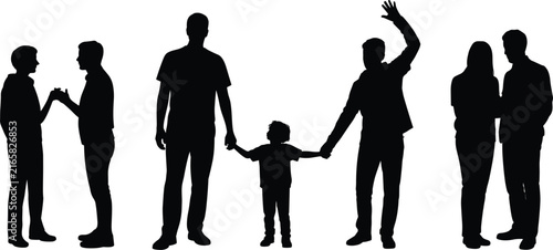 Black silhouettes of a family and people interacting, including a child holding hands with adults, a person waving, and couples talking on a white background