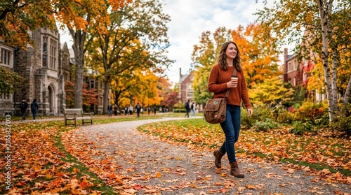 Female Student Walking Through University Campus with Coffee in Autumn
