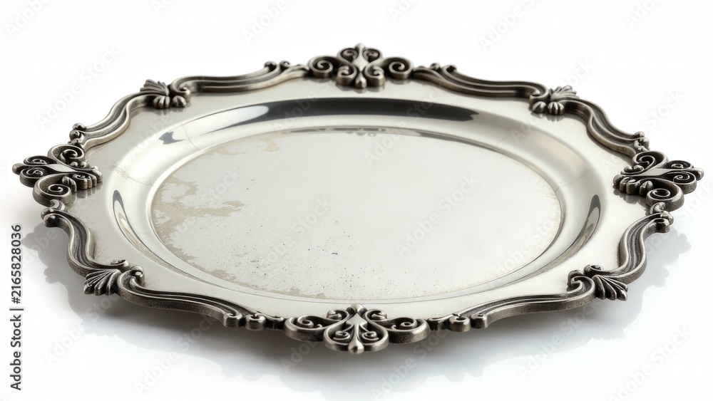Naklejka premium A silver plate on a clean white surface, ideal for food presentation or as a decorative element