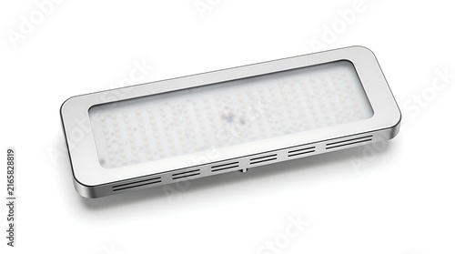 A close-up view shows a modern rectangular LED light fixture with a metallic frame.