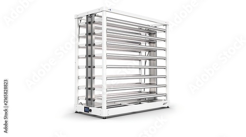 A white metal industrial shelving unit stands against a clean white background.