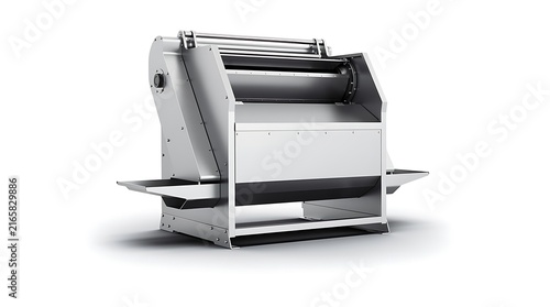 An industrial stainless steel textile processing machine on a white background.