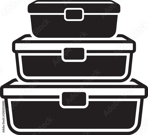 Fotografía Stacked food storage containers black and white of three lunch boxes food contai