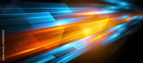 Flowing blue and amber light trails converging with geometric translucent layers