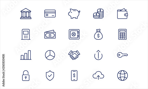 Set outline icons related to bank. Linear icon collection. Editable stroke. Vector illustration