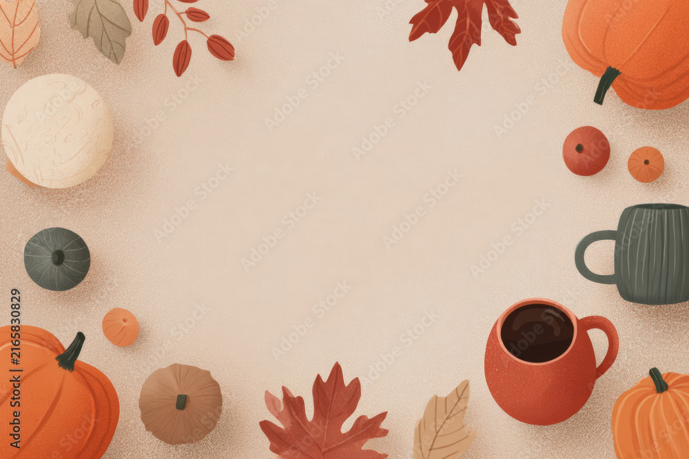 Fototapeta premium Cozy autumn arrangement with pumpkins, leaves, and hot drinks on textured background