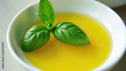 A bowl of olive oil with two fresh basil leaves