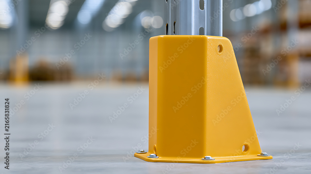 Naklejka premium Bright yellow plastic protector guard mounted on metal rack leg base inside modern distribution warehouse facility safety equipment close up