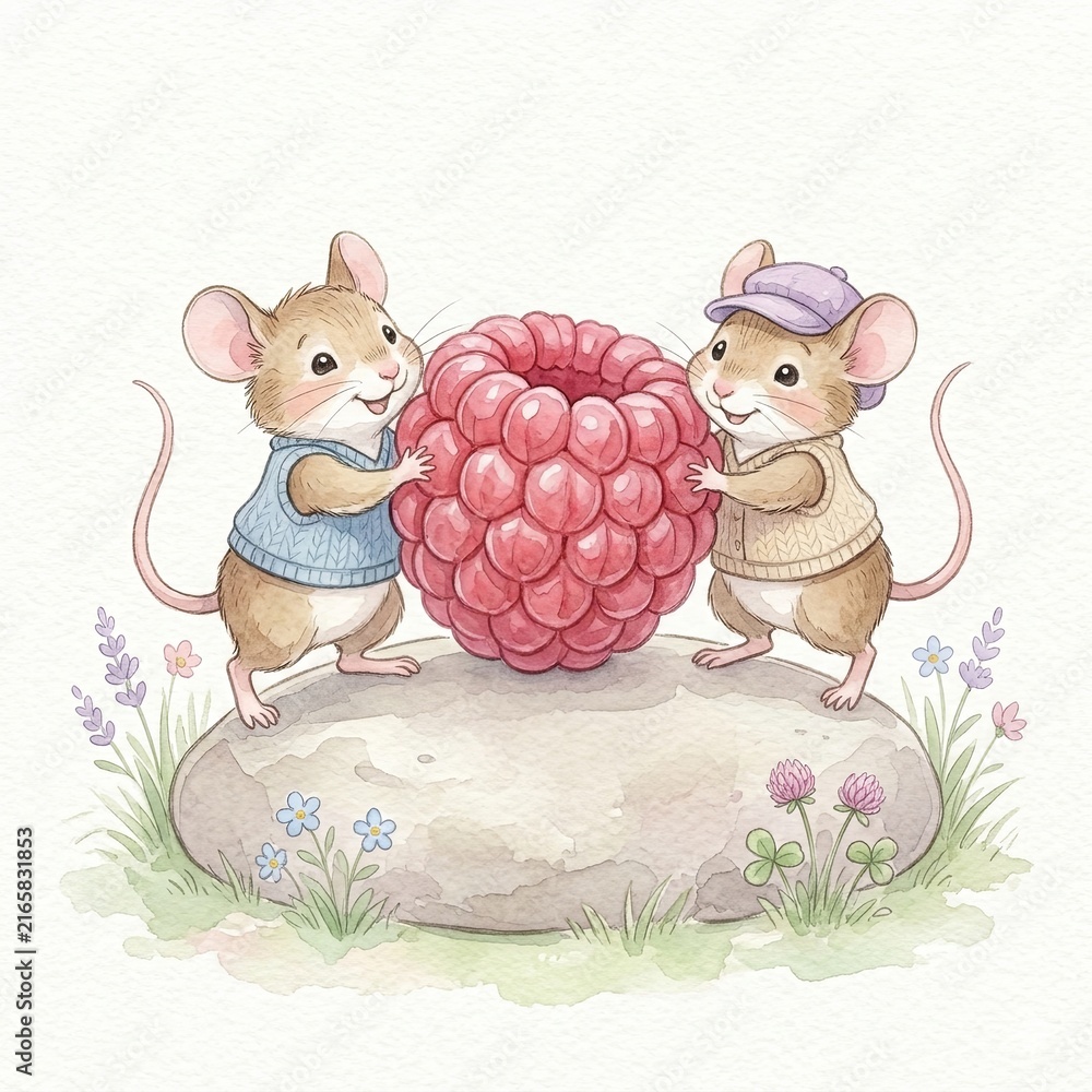 Fototapeta premium Two cute mice wearing sweaters holding giant raspberry standing stone summer forest harvest watercolor clipart