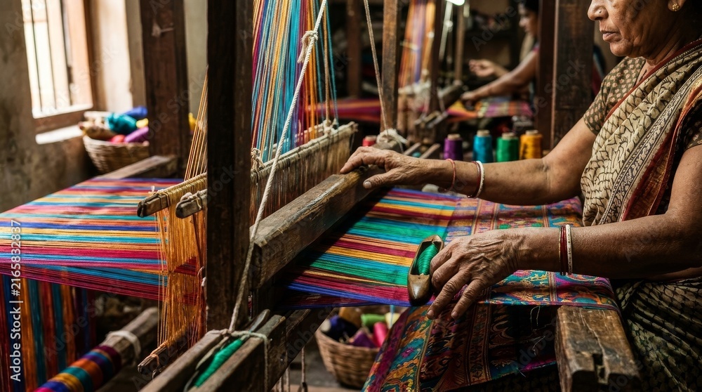 Obraz premium Indian Woman Weaving Colorful Textile on Traditional Wooden Handloom
